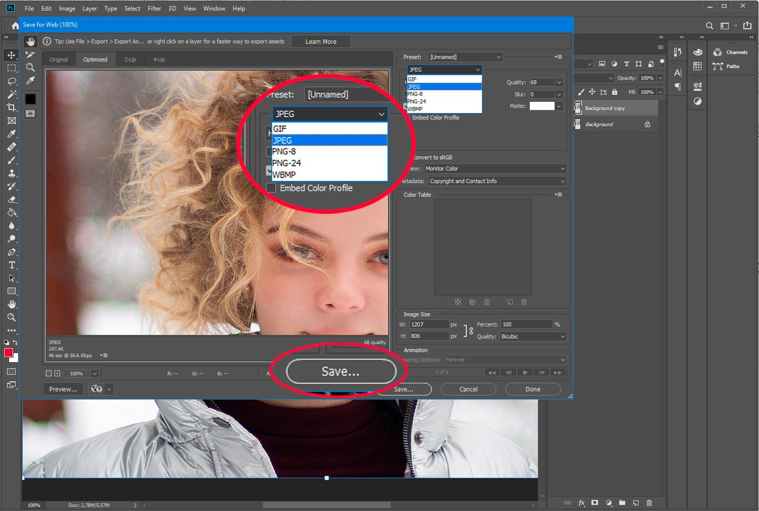 Adobe Photoshop. spara PSD för webb som jpg..
