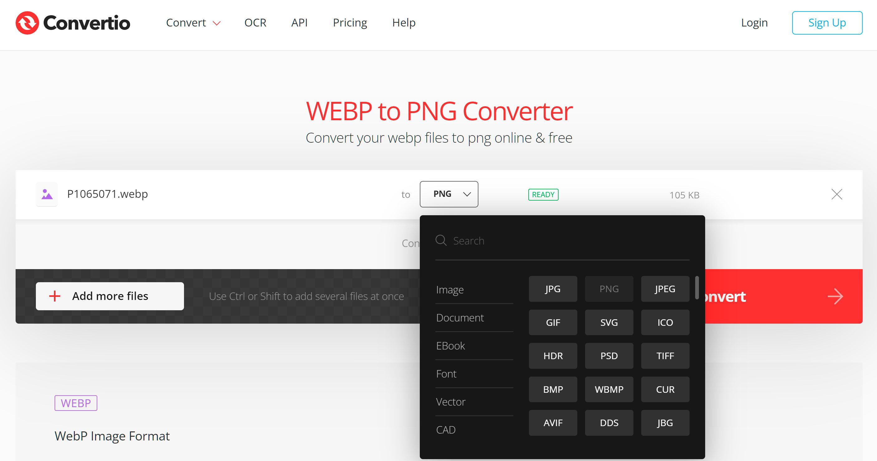 Välj PNG-formatet att konvertera från WebP Online..