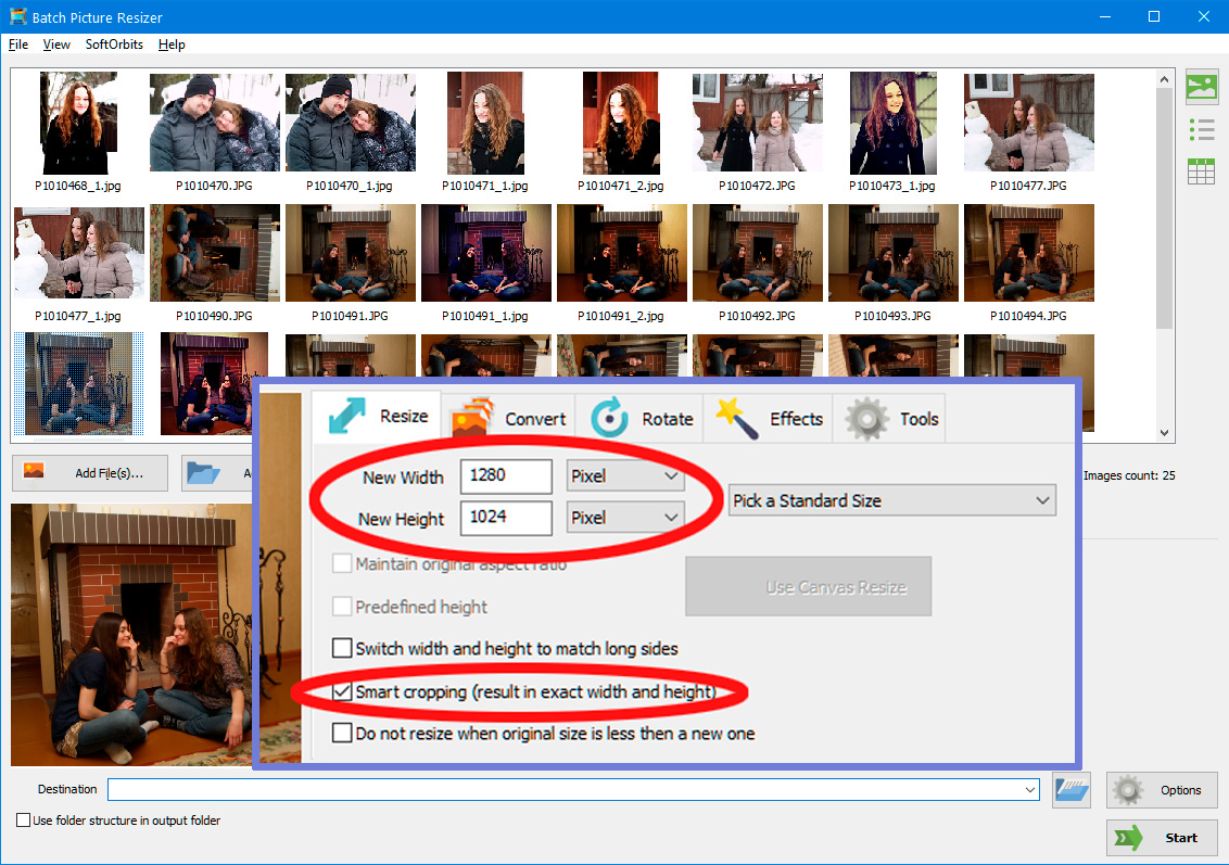 Välj smart storleksändring av flera bilder.