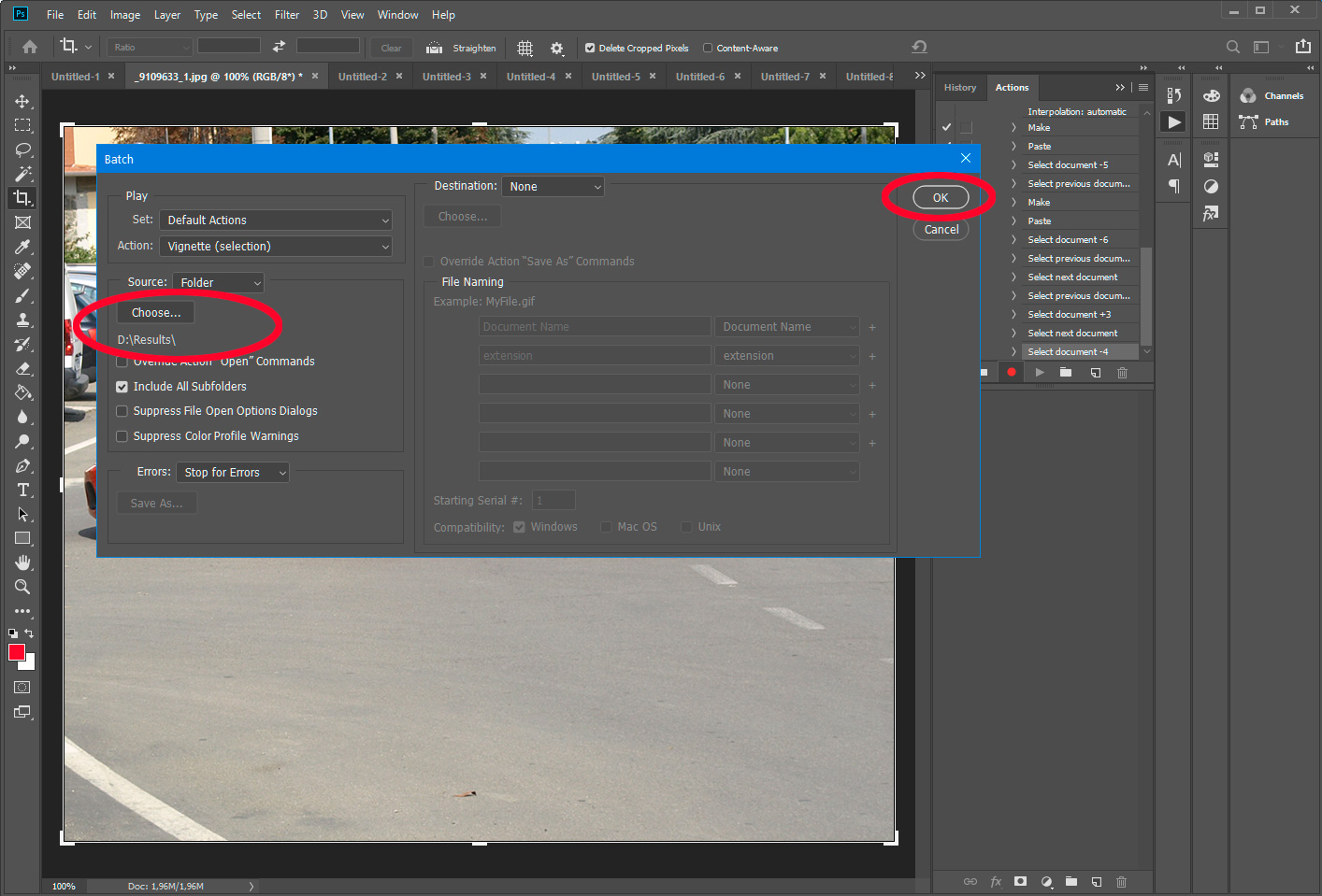 Starta åtgärd för bildstorleksändring i Photoshop.