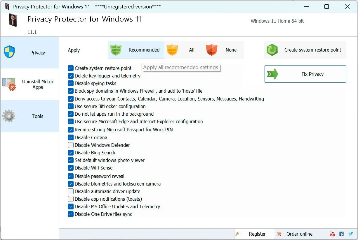 Privacy Protector for Windows 11 Skärmbild.