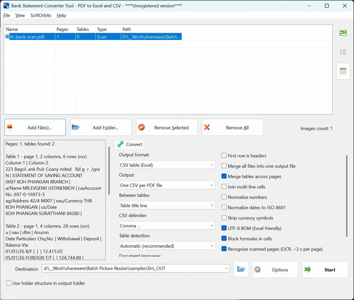 PDF to CSV Converter Skärmdump.