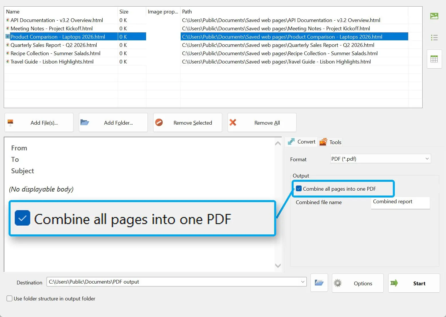 Markera "Kombinera alla sidor till en PDF".