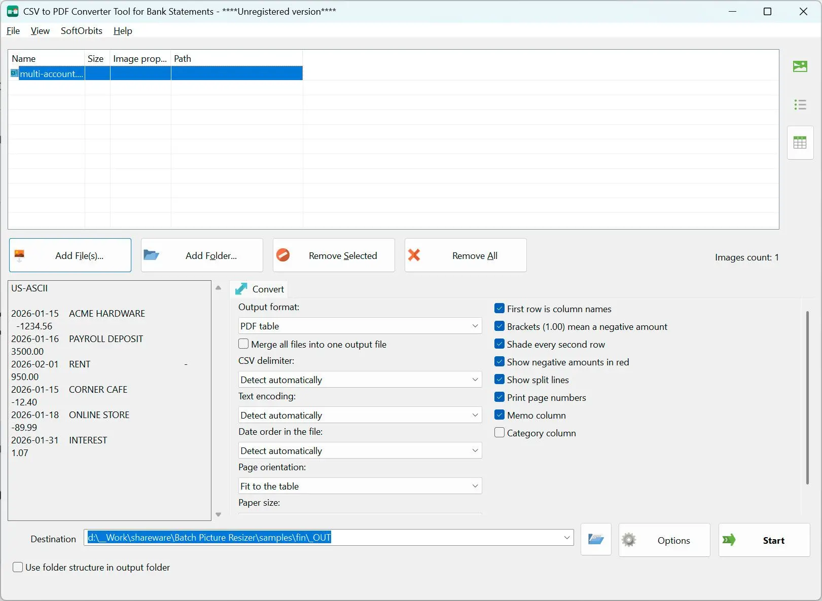 CSV to PDF Converter Skärmdump.