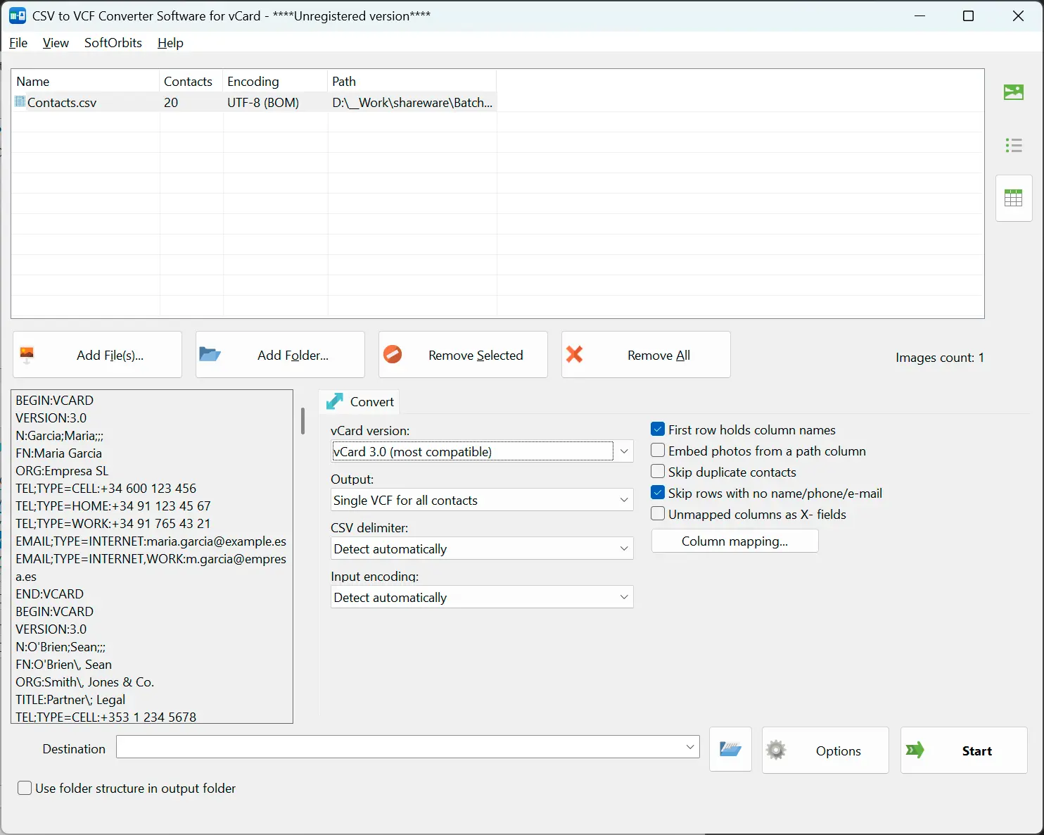CSV to VCF Converter Software for vCard Skärmbild.