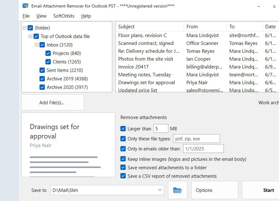 Email Attachment Remover for Outlook PST Skärmdump.