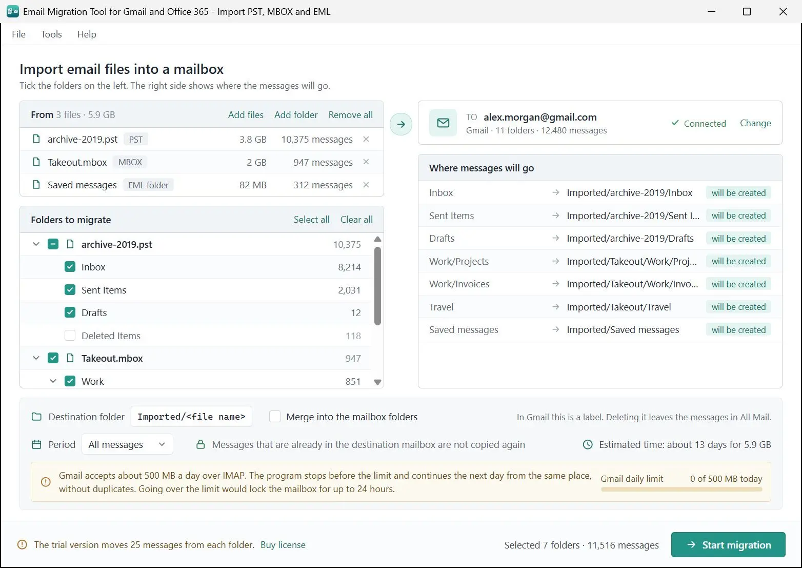 Email Migration Tool for Gmail and Office 365 - Import PST, MBOX and EML Skärmdump.
