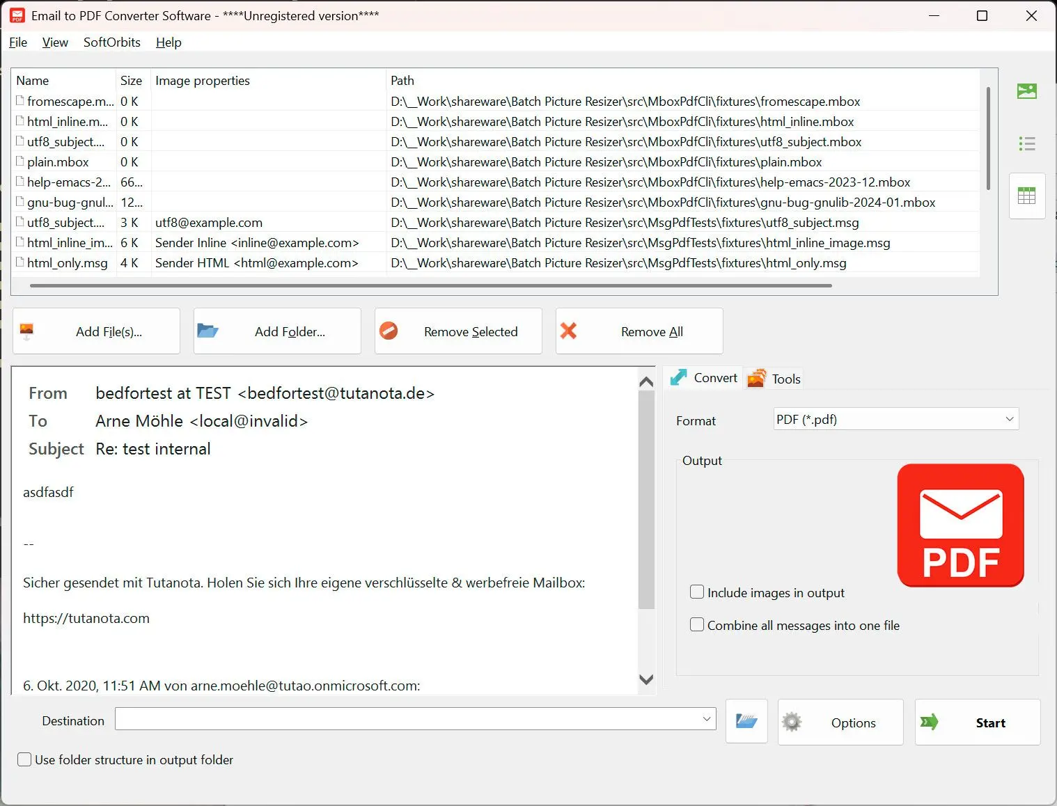 Email to PDF Converter Software Skärmbild.