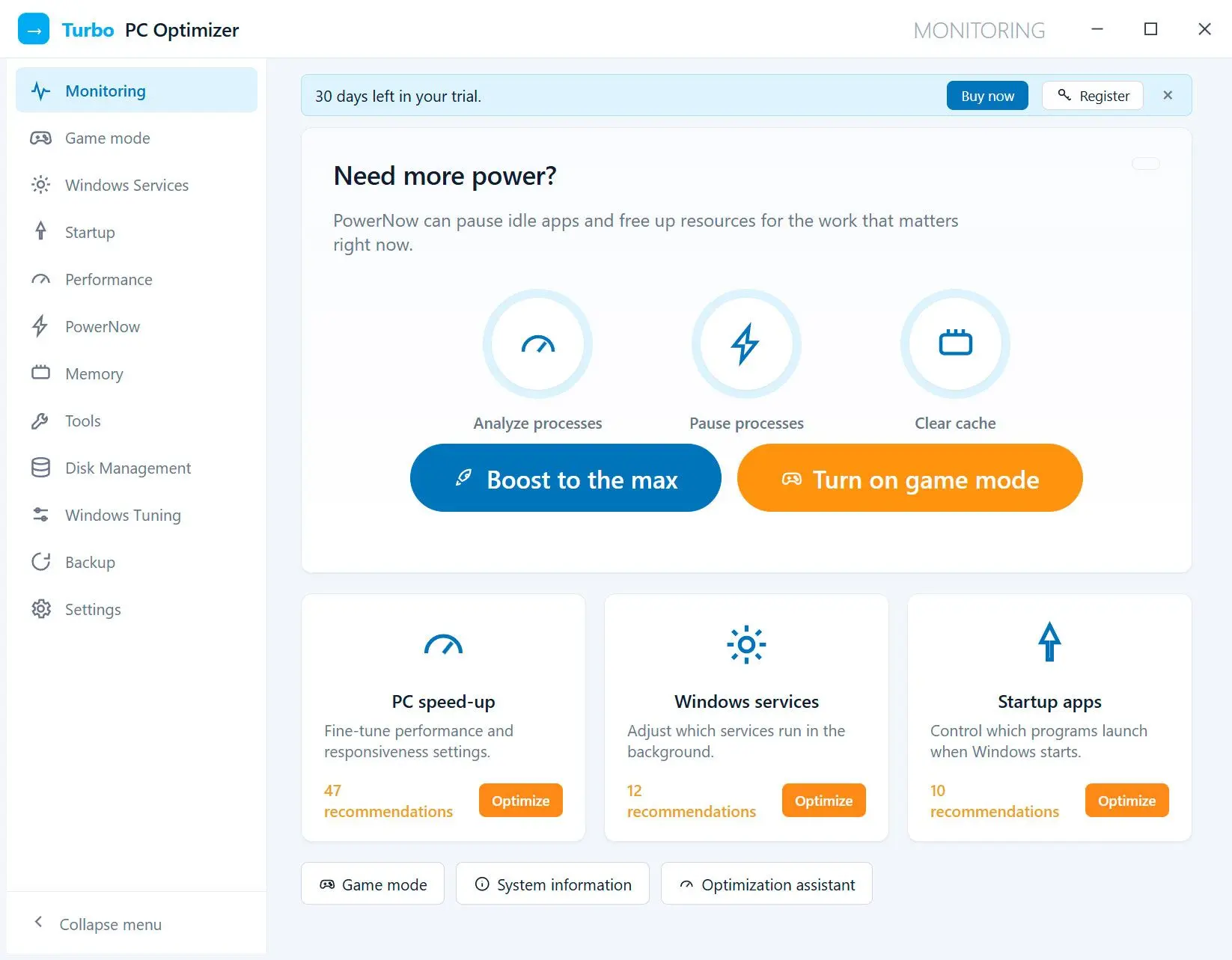 Turbo PC Optimizer Skärmbild.