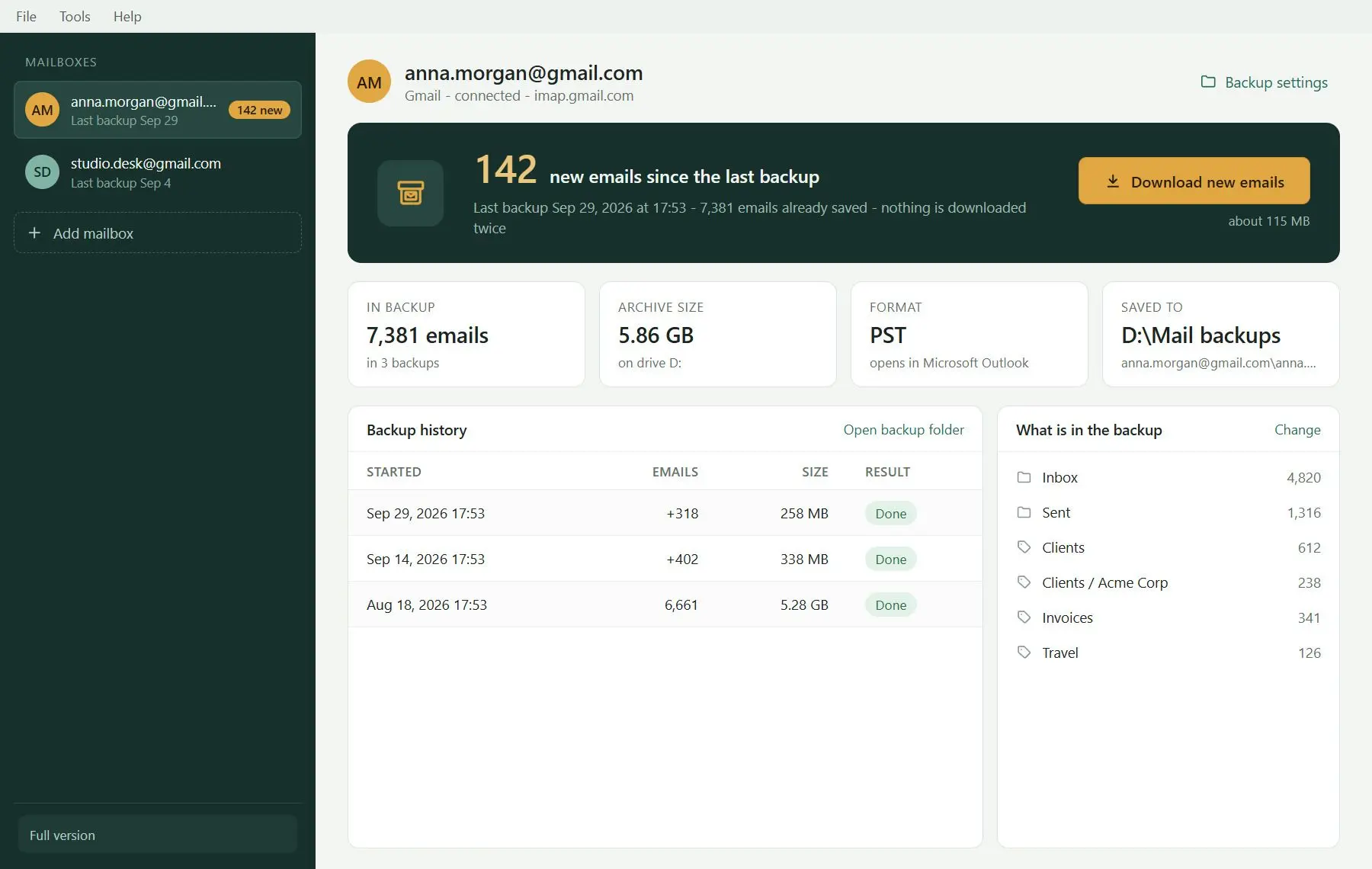 Gmail Backup & Export Software to PST and MBOX Skärmdump.