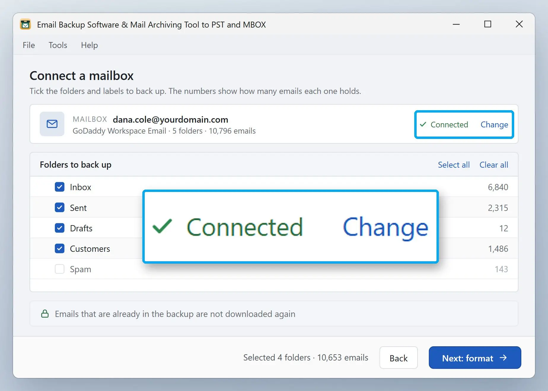 Email Backup Software & Mail Archiving Tool to PST and MBOX Skärmdump.