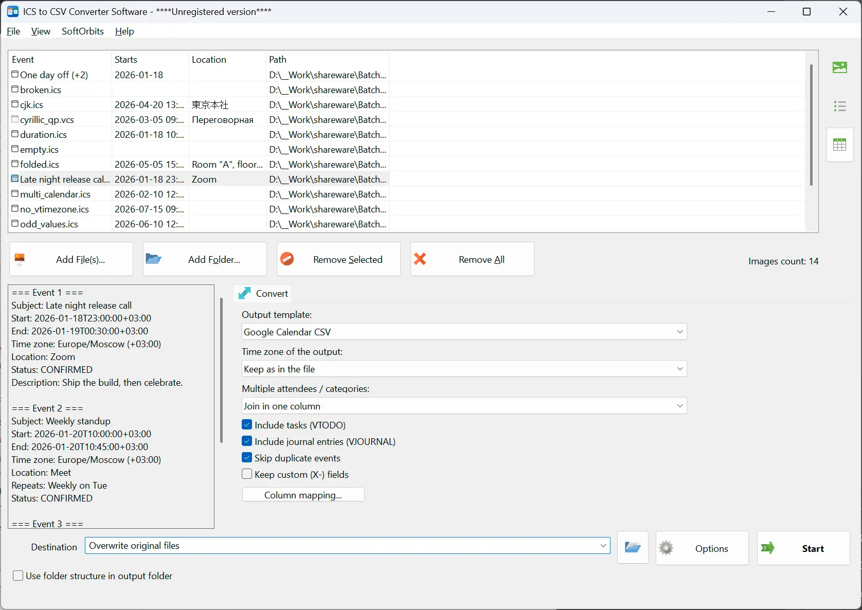 ICS to CSV Converter Skärmbild.