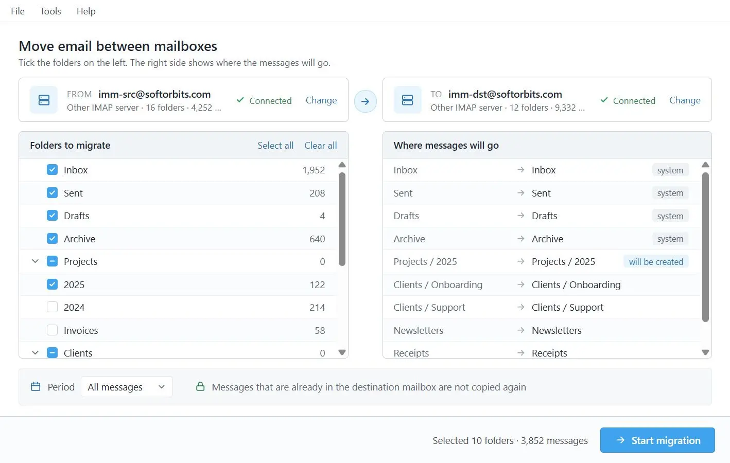 IMAP to IMAP Email Migration Tool Skärmdump.
