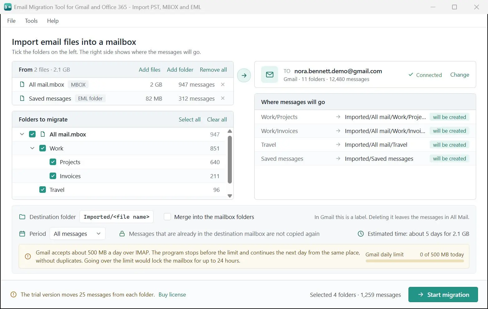 Email Migration Tool for Gmail and Office 365 - Import PST, MBOX and EML Skärmdump.