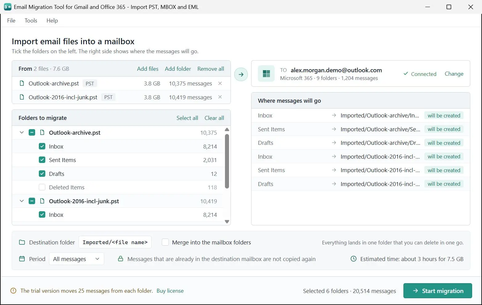 Email Migration Tool for Gmail and Office 365 - Import PST, MBOX and EML Skärmdump.