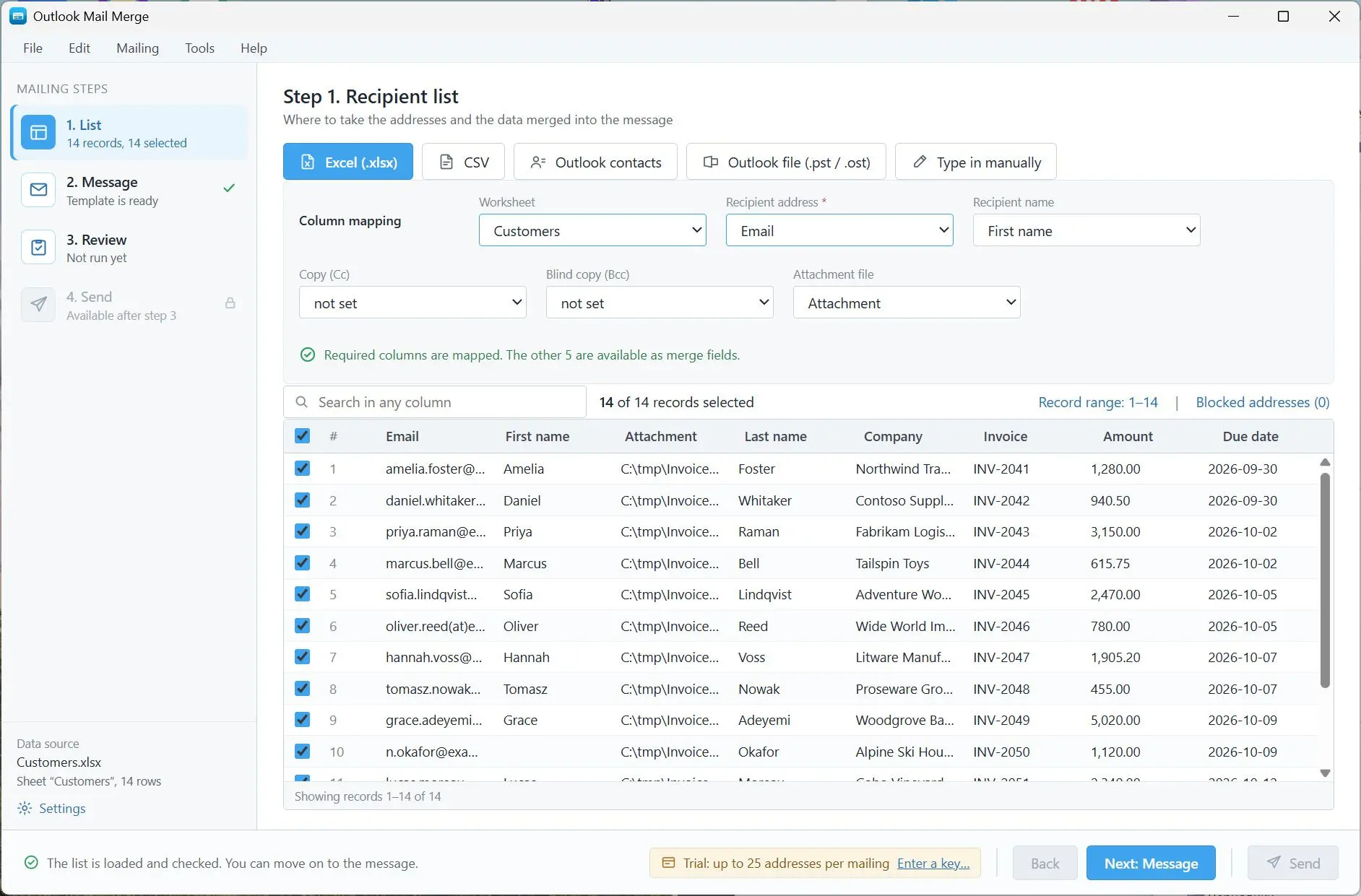 Mail Merge for Outlook and Excel with Attachments Skärmdump.
