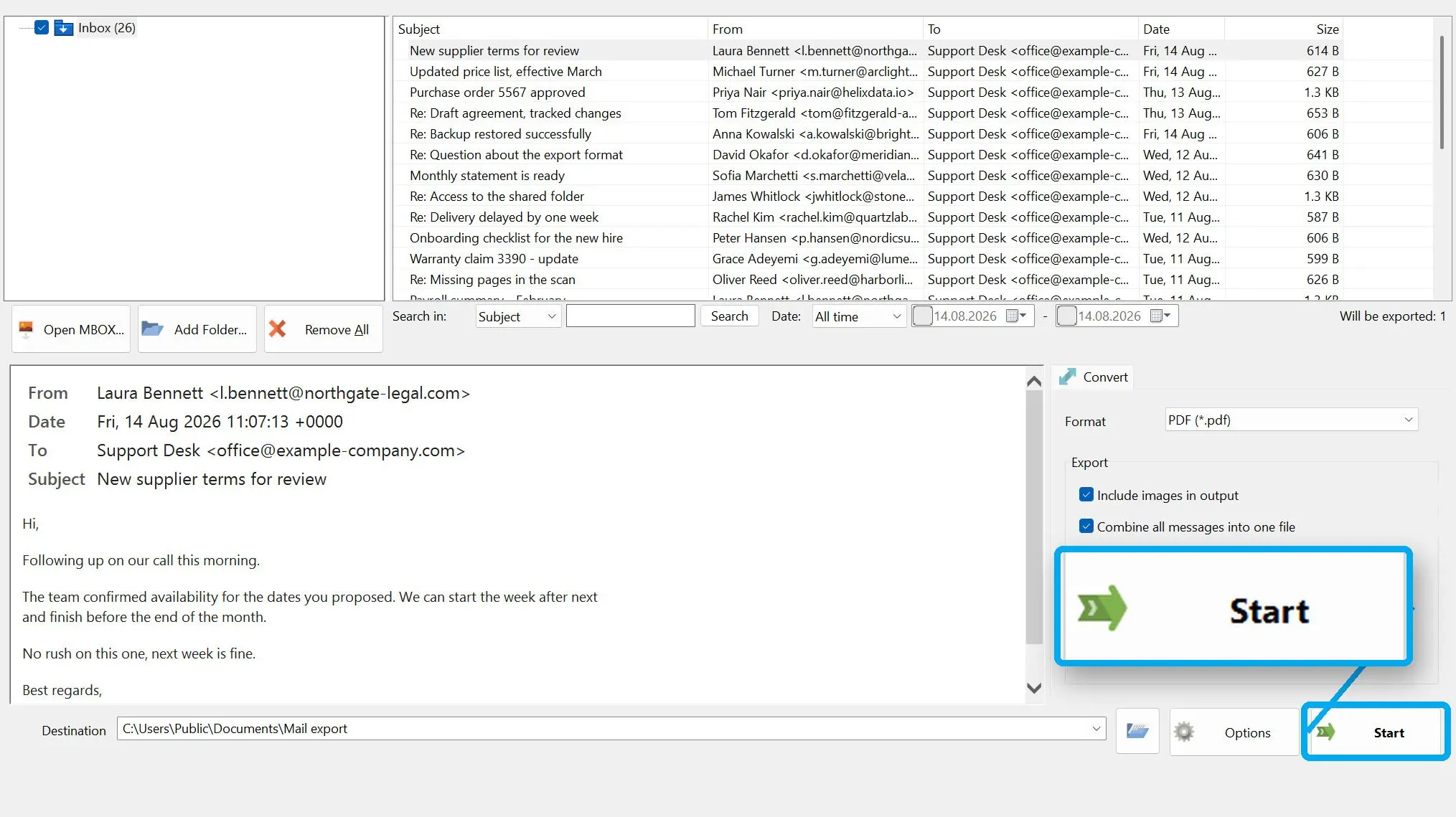 MBOX to PDF Converter Software Skärmdump.