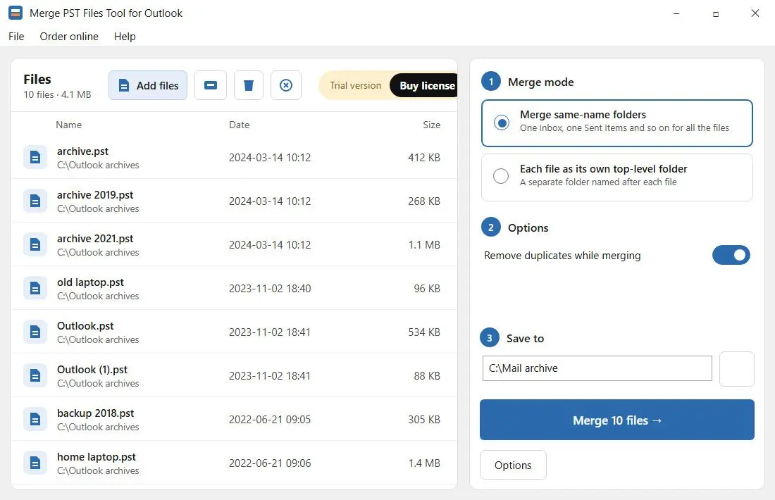 Merge PST Files Tool for Outlook Skärmdump.