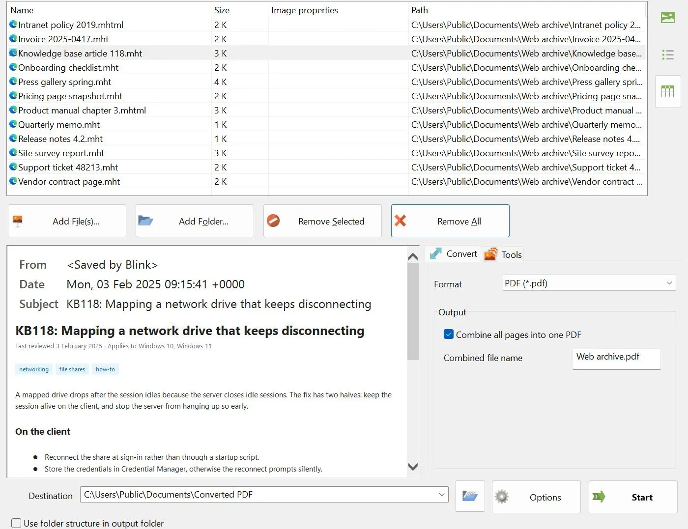 MHTML to PDF Converter Skärmdump.