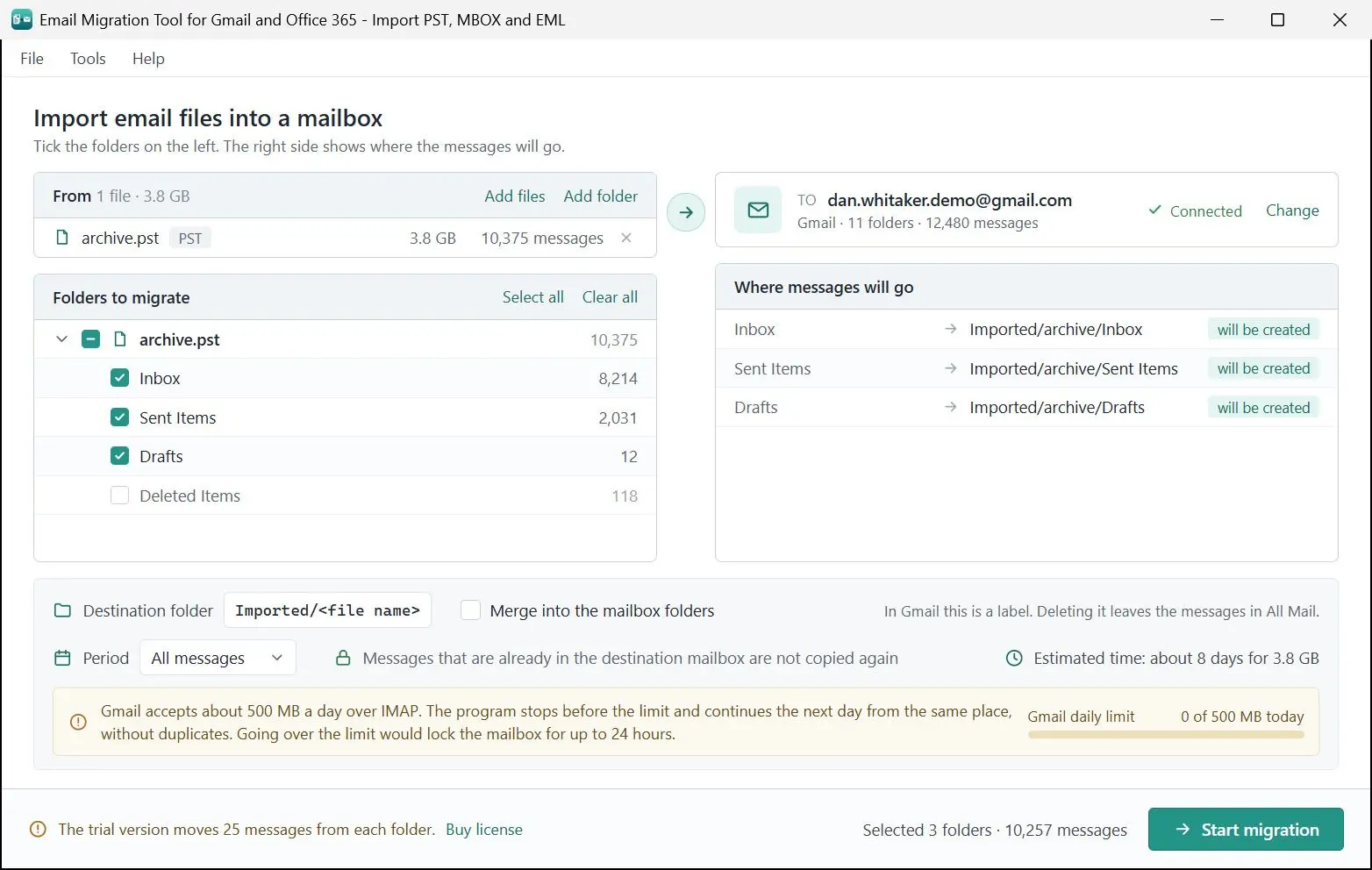 Email Migration Tool for Gmail and Office 365 - Import PST, MBOX and EML Skärmdump.