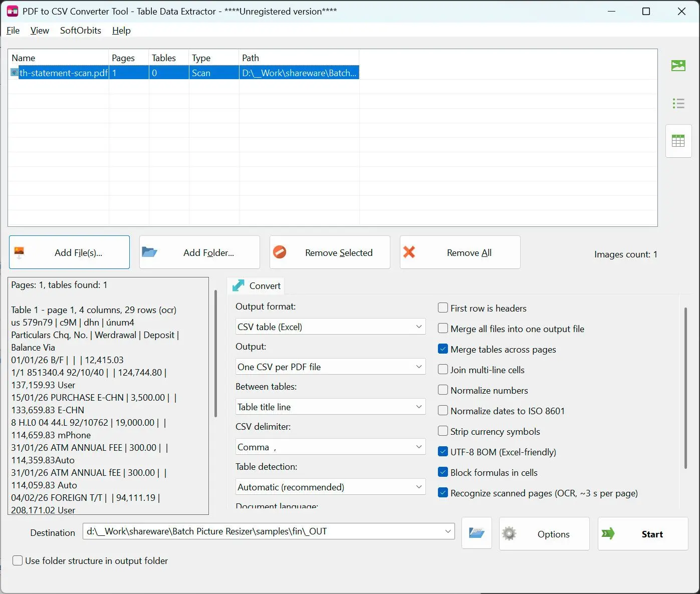 PDF to CSV Converter Skärmdump.