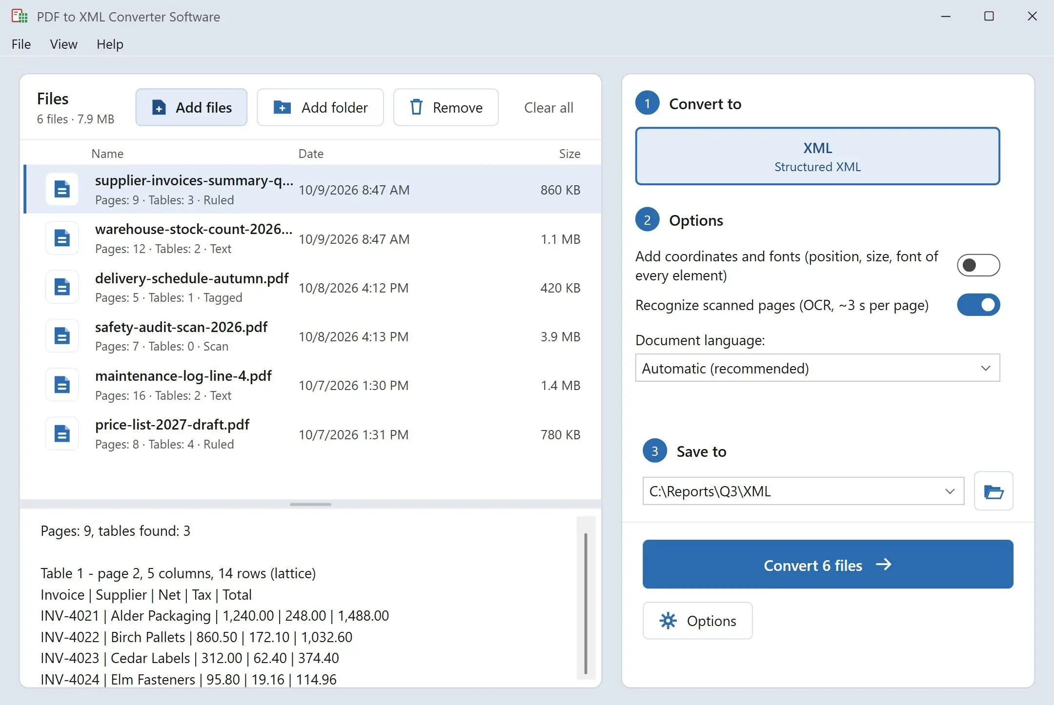 PDF to XML Converter Software Skärmdump.