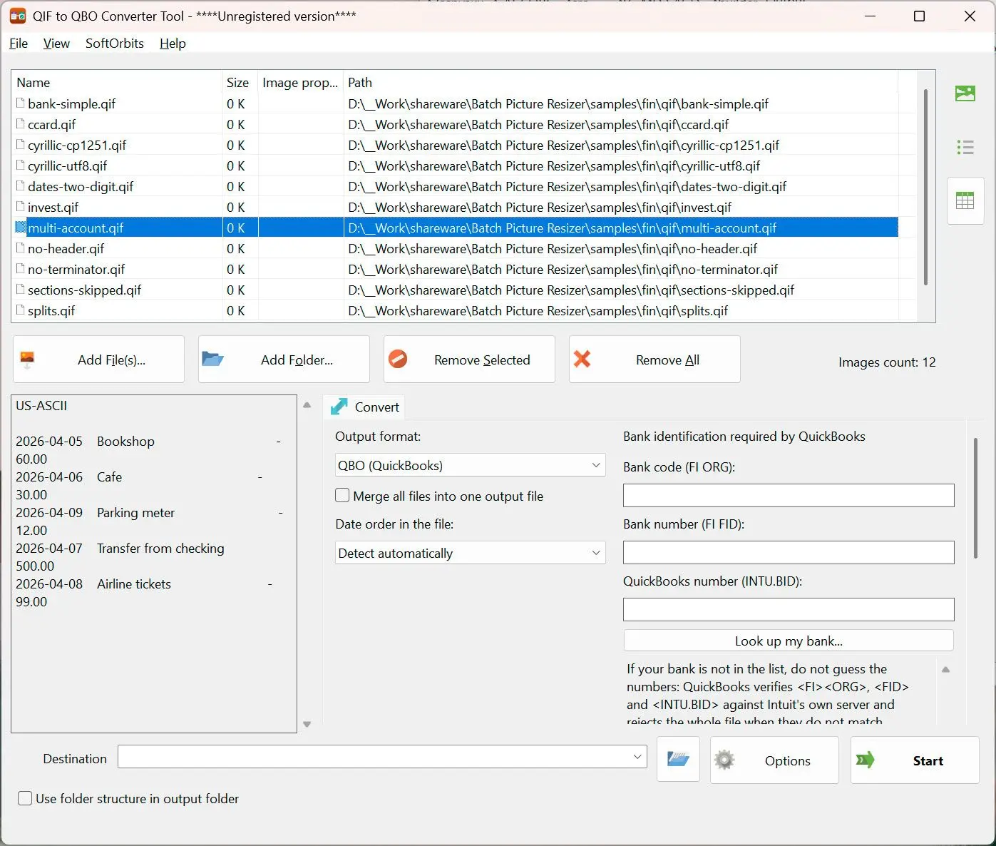 QIF to QBO Converter Skärmdump.