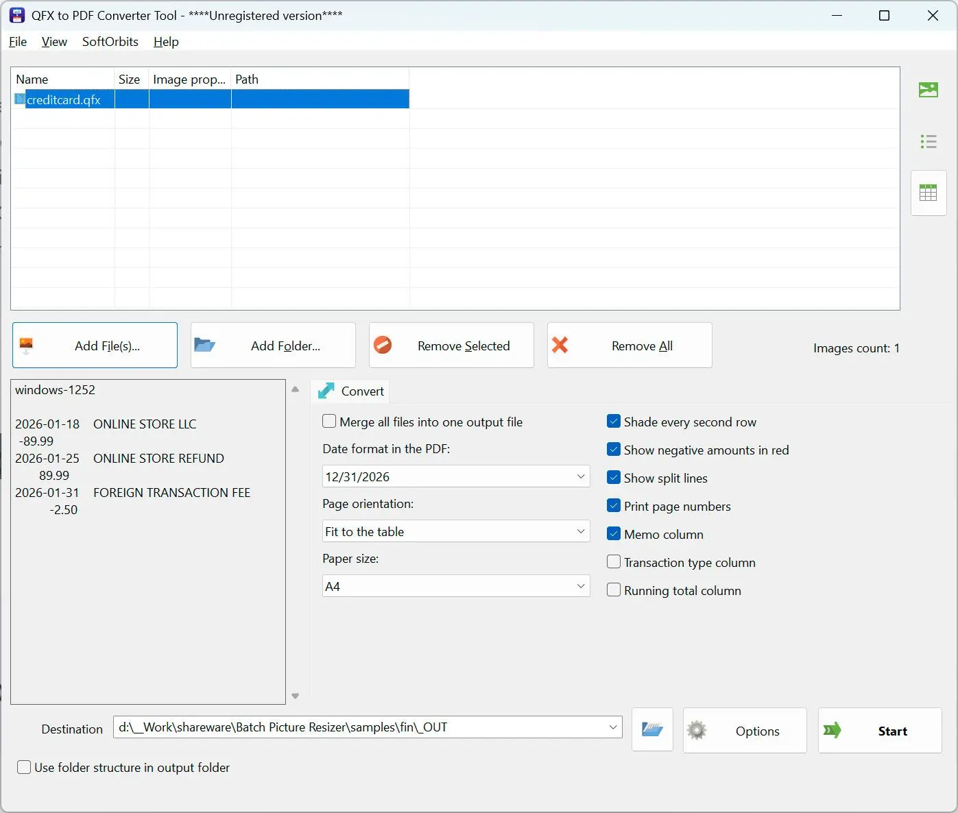 QFX to PDF Converter Skärmdump.