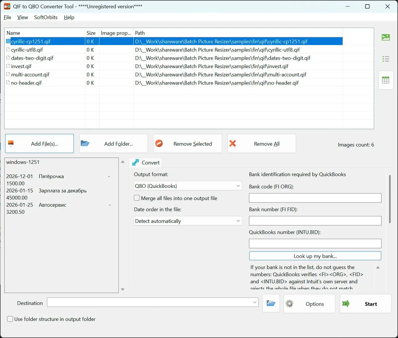 QIF to QBO Converter Skärmdump.