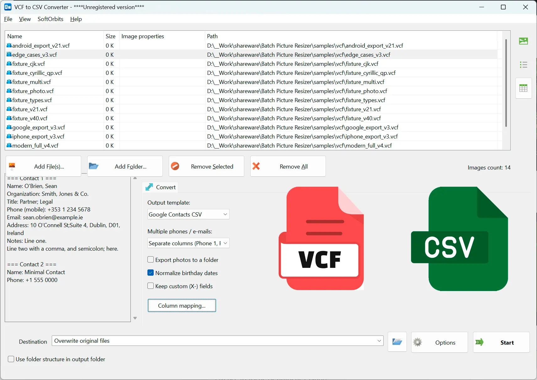 VCF to CSV Converter Software Skärmbild.