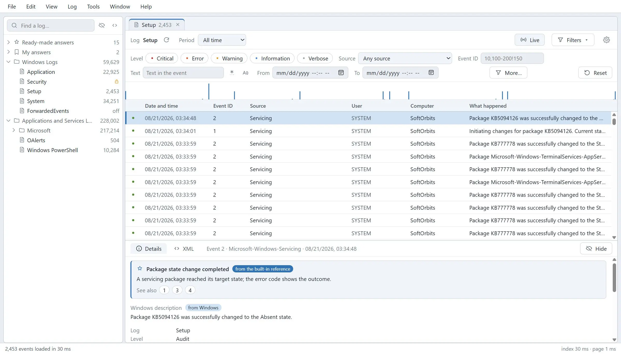 Windows Event Log Viewer Skärmdump.