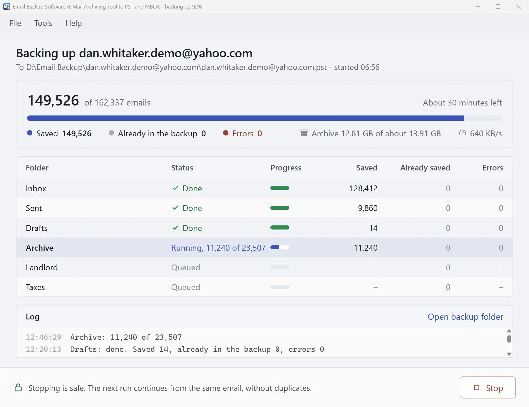 Email Backup Software & Mail Archiving Tool to PST and MBOX Skärmdump.
