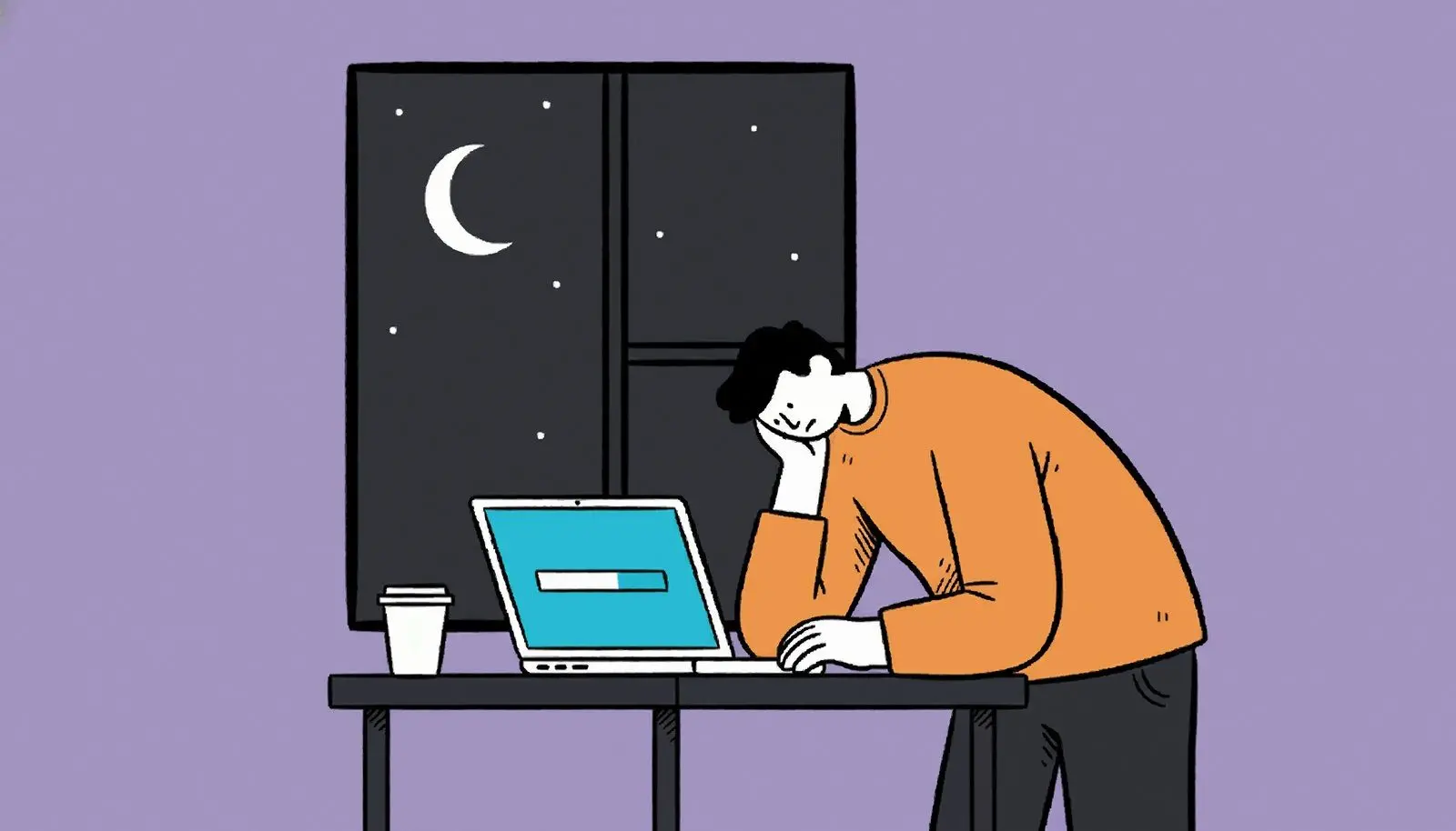 En bärbar dator med en frusen statusrad och en kopp kallt kaffe bredvid.
