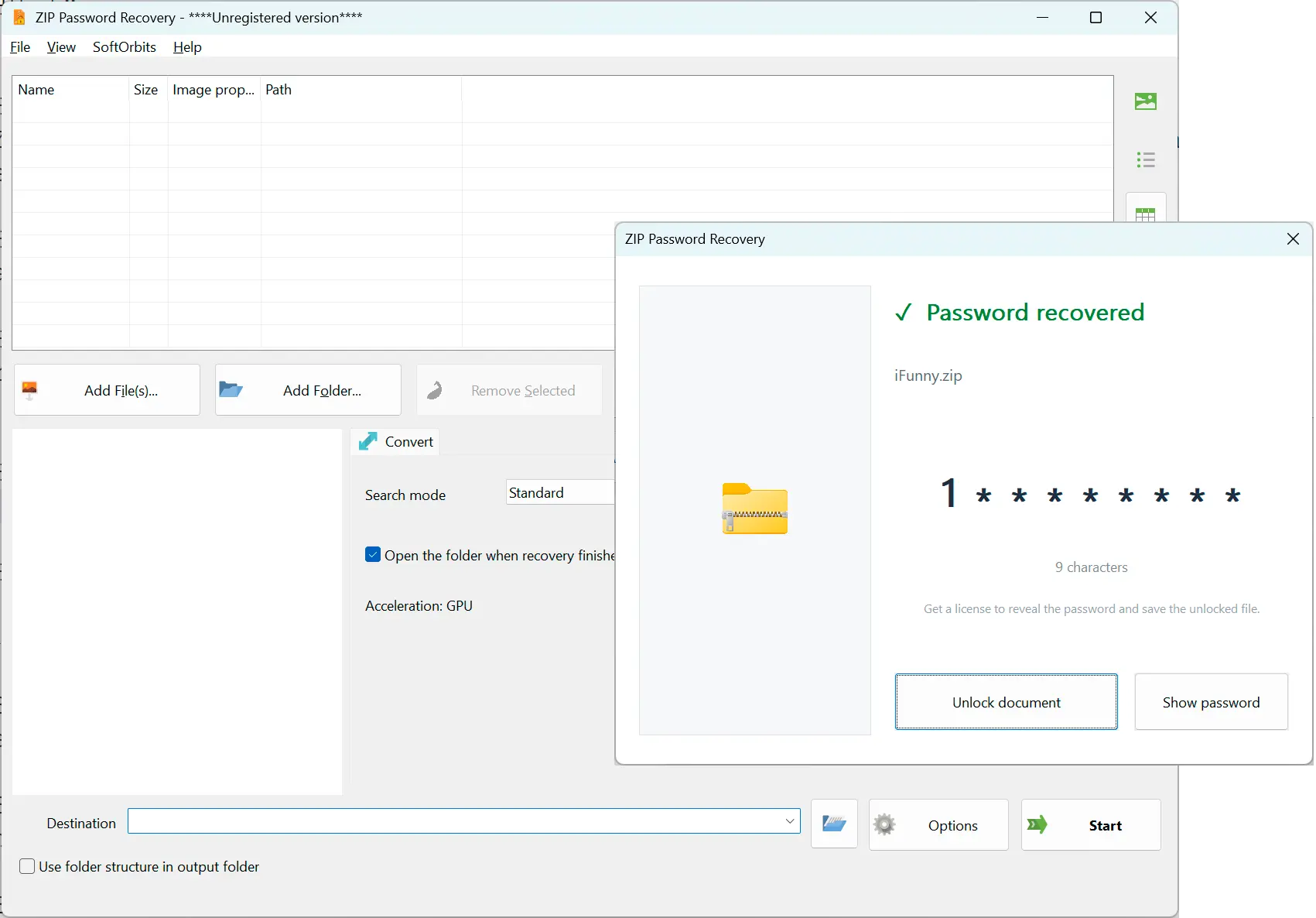 ZIP Password Recovery Skärmbild.